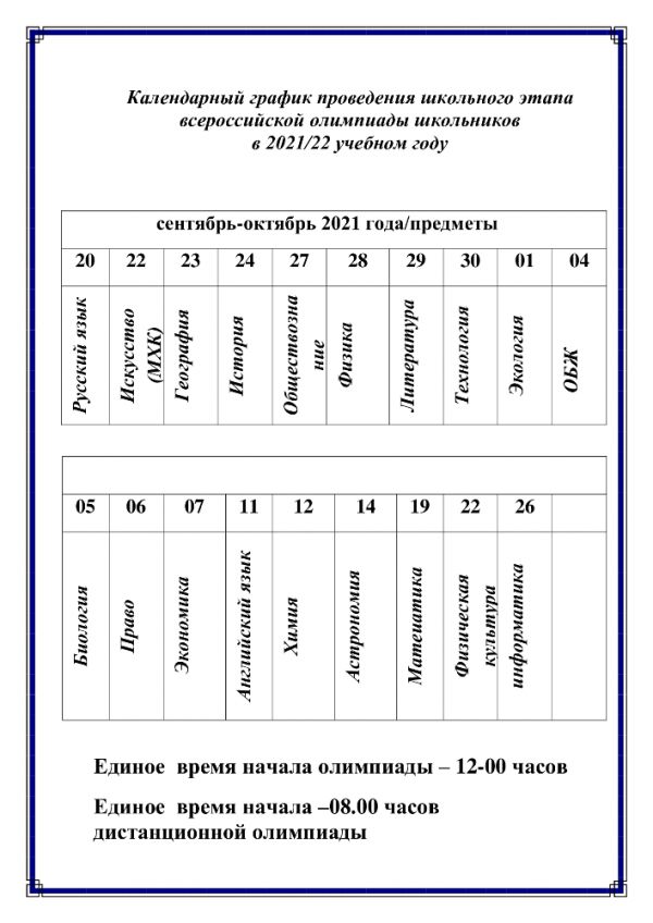 Календарный график проведения школьного этапа всероссийской олимпиады школьников в 2021/22 учебном году